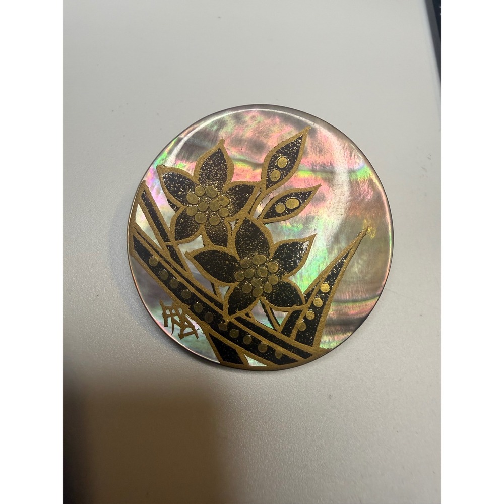Vintage Japanese Maki-e Mother of Pearl Brooch Gold Floral Lacquer Pin Japan
